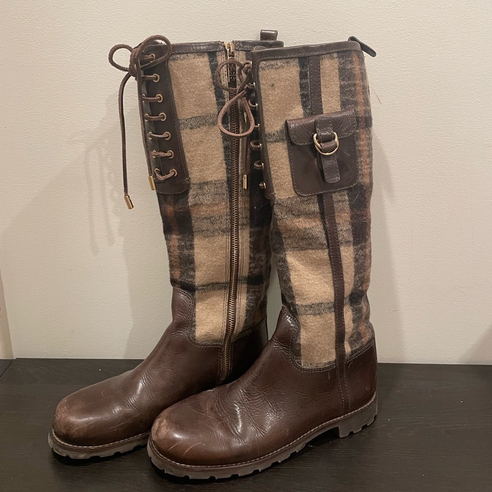 Tory Burch Plaid Knee-High Boots with Brown Leather Accents